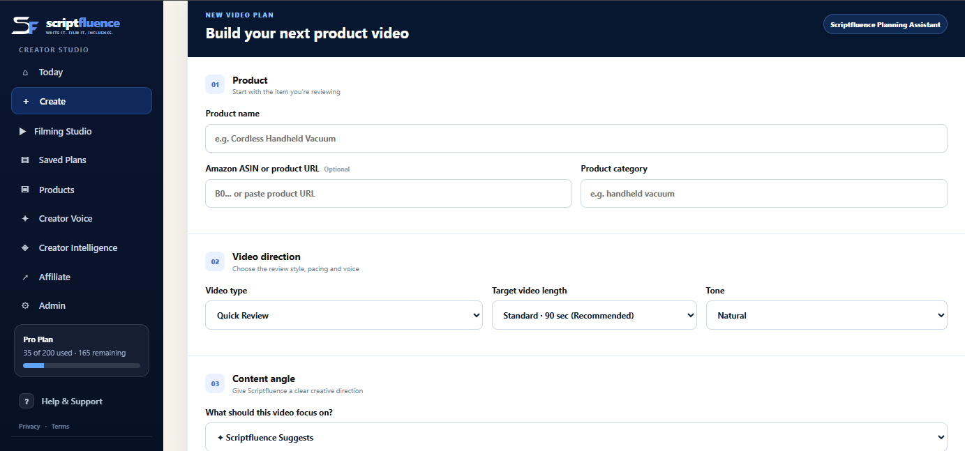 Real Scriptfluence Creator Studio showing the Build your next product video workflow
